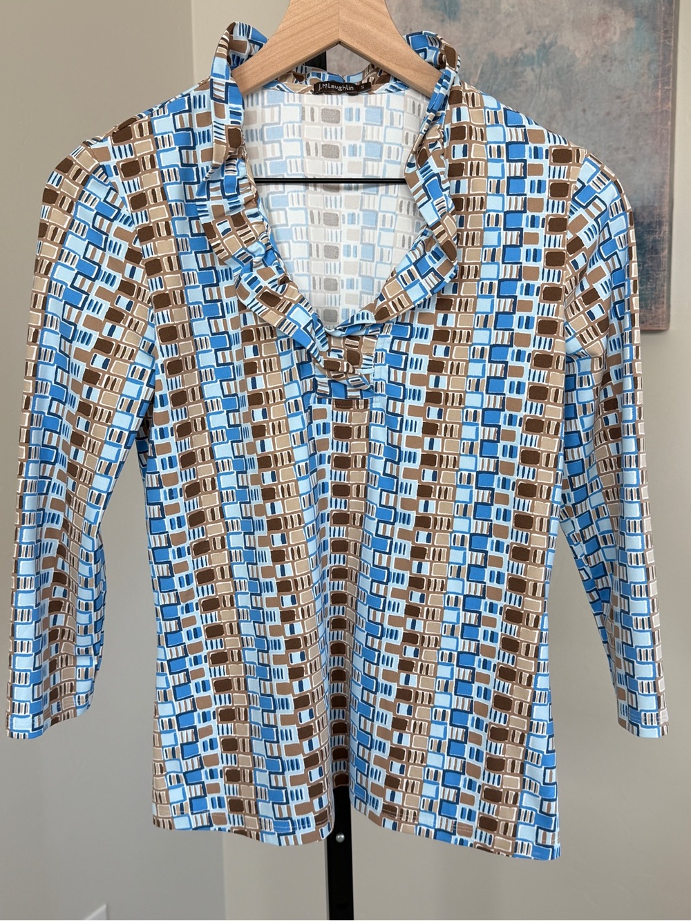 J. McLaughlin Kate Ruffle Top Bamboo Lane Blue Brown Catalina Cloth Small Blouse